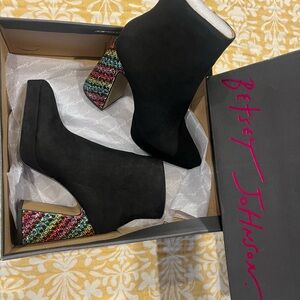 Betsey Johnson Black Ankle Boots with Multicolor Heel
